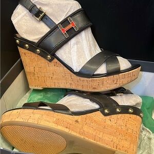 Tommy Hilfiger Black Leather Wedge Sandals